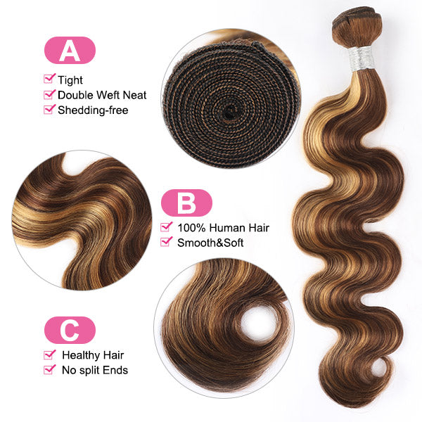 Honey Blonde Highlight Bundles with 13x4 Lace Frontal Closure Brazilian Body Wave Human Hair P4/27 Color - Healthier Me Beauty, LLC