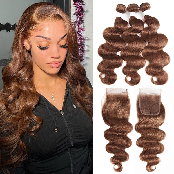 Brown Body Wave Bundles with Closure #4 Chocolate Brown 3 Bundles with 4x4 Lace Closure - Healthier Me Beauty, LLC