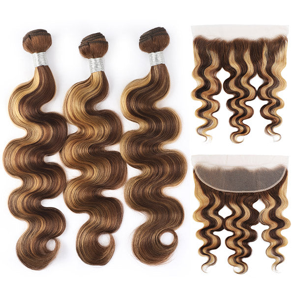 Honey Blonde Highlight Bundles with 13x4 Lace Frontal Closure Brazilian Body Wave Human Hair P4/27 Color - Healthier Me Beauty, LLC