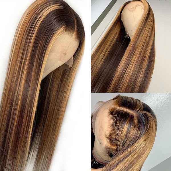 Honey Blonde Highlight Wig 4x4 Lace Closure Wigs Straight Human Hair Balayage Wigs 5x5 Lace Wig - Healthier Me Beauty, LLC