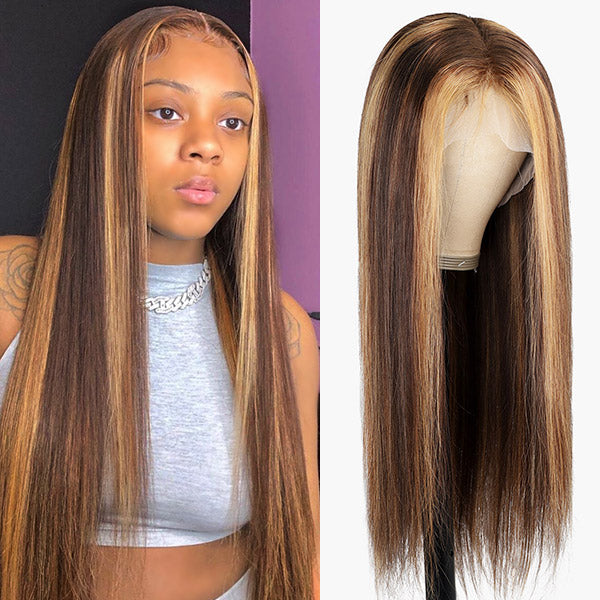 Honey Blonde Highlight Wig 4x4 Lace Closure Wigs Straight Human Hair Balayage Wigs 5x5 Lace Wig - Healthier Me Beauty, LLC
