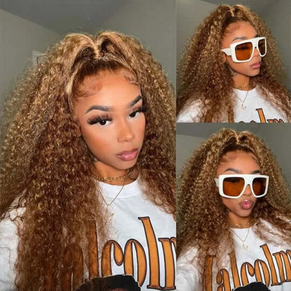 Honey Blonde Highlight Curly Wave Glueless Wigs 13x4 Lace Front Wigs Piano Colored Human Hair Wig - Healthier Me Beauty, LLC