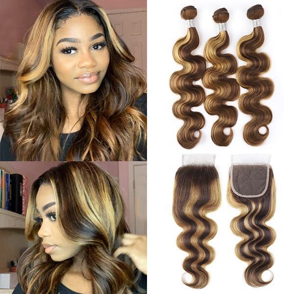 Highlight Body Wave Human Hair 3 Bundles with 4x4 Lace Closure P4/27 - Healthier Me Beauty, LLC
