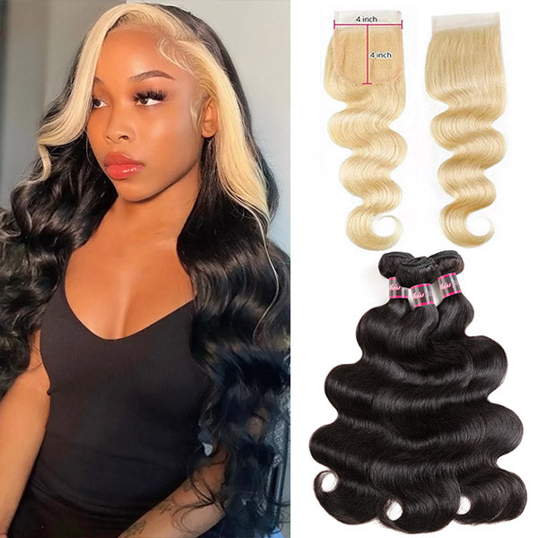 Black and Blonde Bundles with Closure Ombre Body Wave Hair with 4x4 Lace Closure - Healthier Me Beauty, LLC