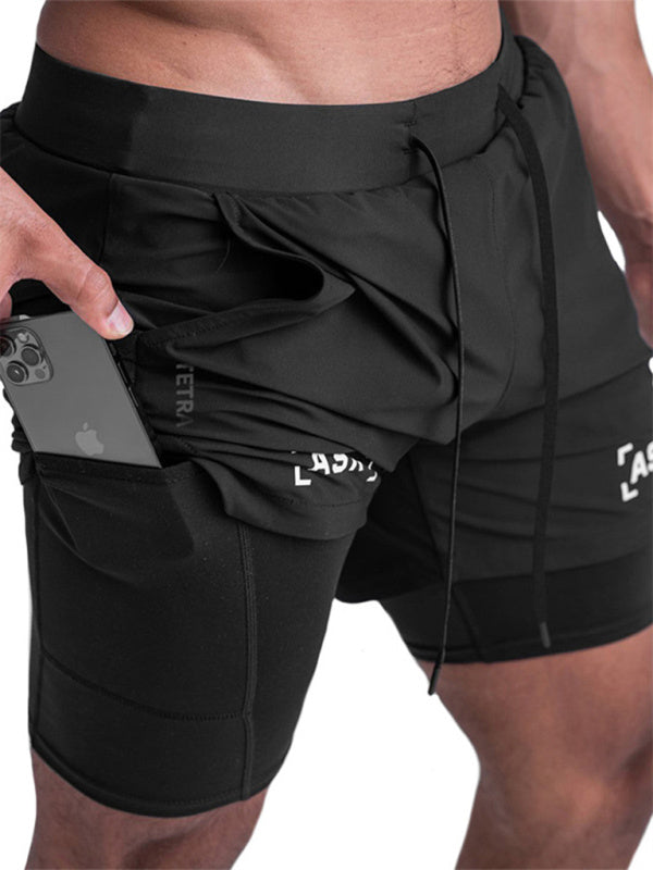 Men's sports fake two-piece quick-drying double-layer basketball pants anti-slip five-point pants