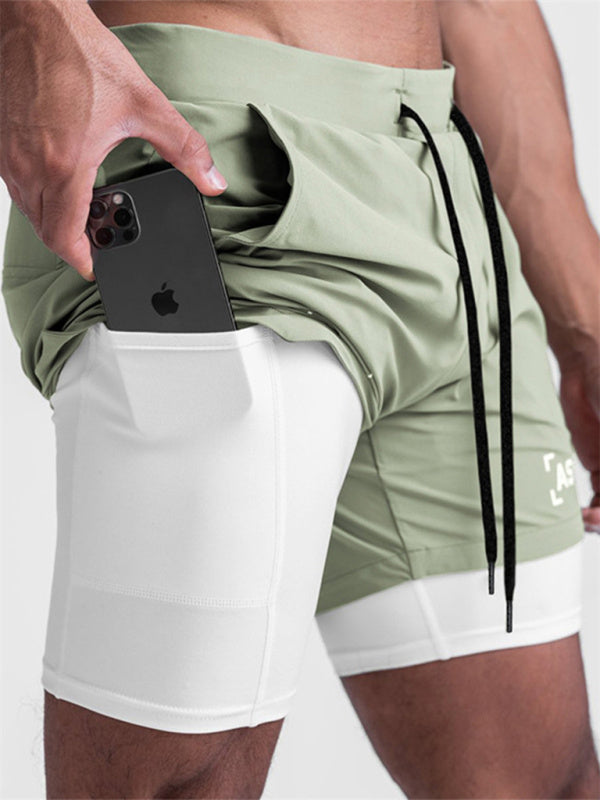 Men's sports fake two-piece quick-drying double-layer basketball pants anti-slip five-point pants