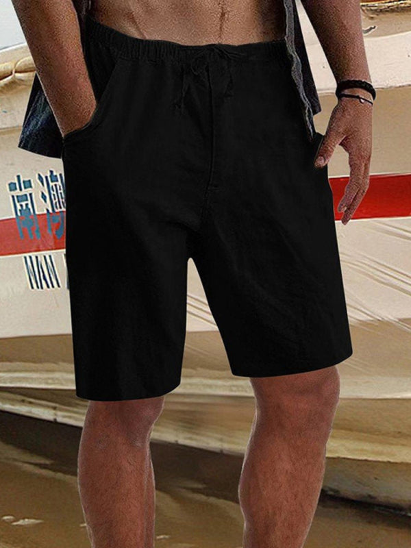 New youth men's solid color cotton linen shorts loose outdoor casual pants