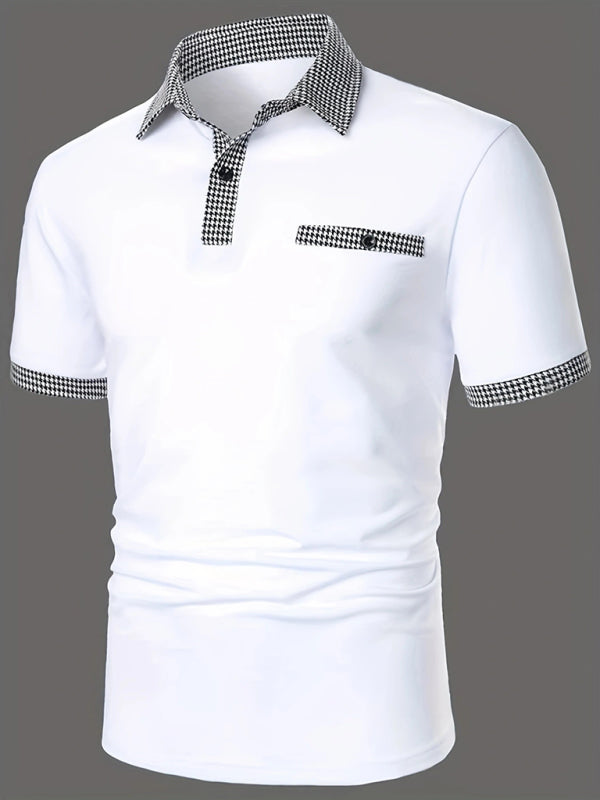 Men's Polo Shirt Houndstooth Short Sleeve Lapel T-Shirt Casual Fit Tops