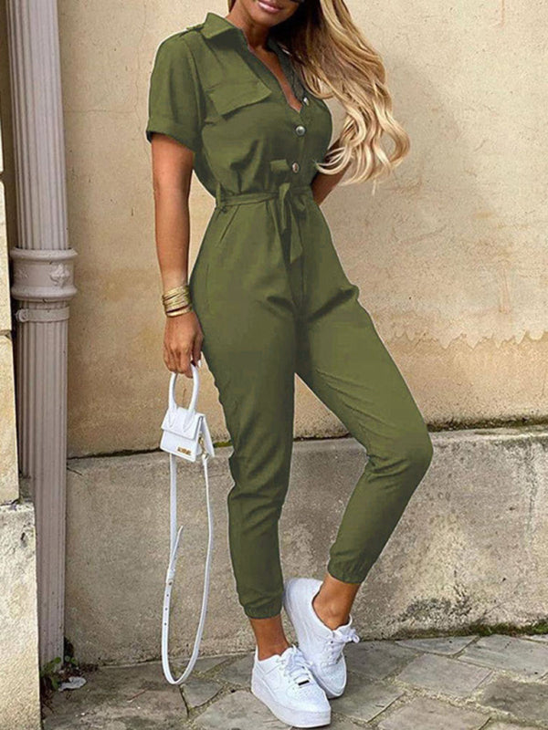 Women's Casual Lapel Buttoned Belt Cargo Jumpsuit - Healthier Me Beauty, LLC