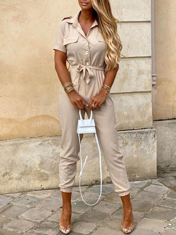 Women's Casual Lapel Buttoned Belt Cargo Jumpsuit - Healthier Me Beauty, LLC
