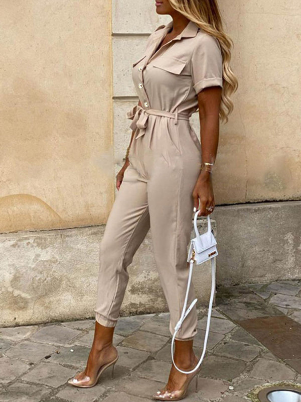 Women's Casual Lapel Buttoned Belt Cargo Jumpsuit - Healthier Me Beauty, LLC