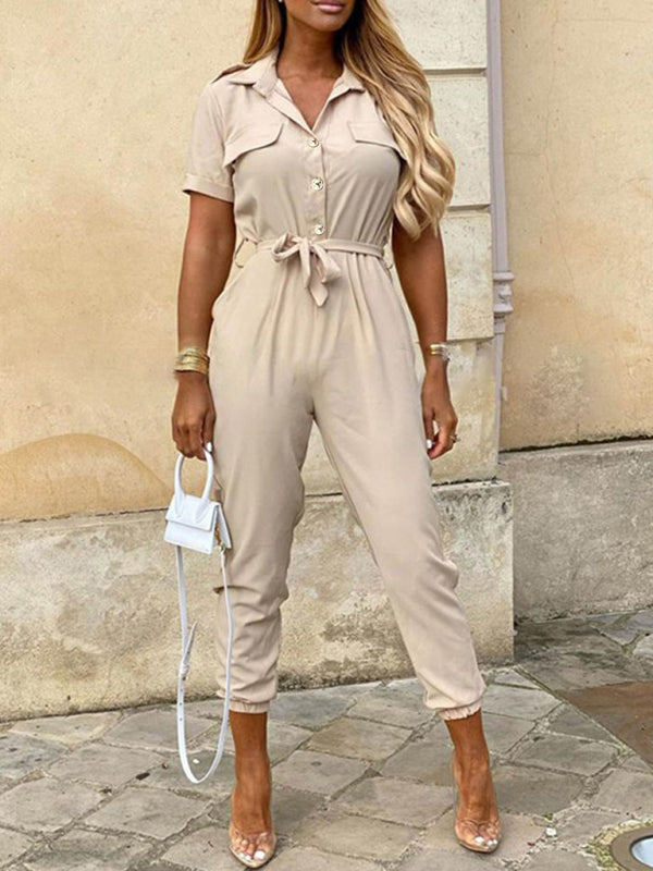 Women's Casual Lapel Buttoned Belt Cargo Jumpsuit - Healthier Me Beauty, LLC