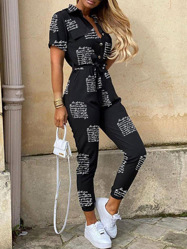 Women's Casual Lapel Buttoned Belt Cargo Jumpsuit - Healthier Me Beauty, LLC
