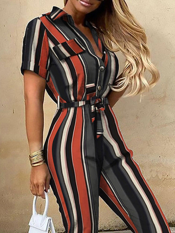 Women's Casual Lapel Buttoned Belt Cargo Jumpsuit - Healthier Me Beauty, LLC