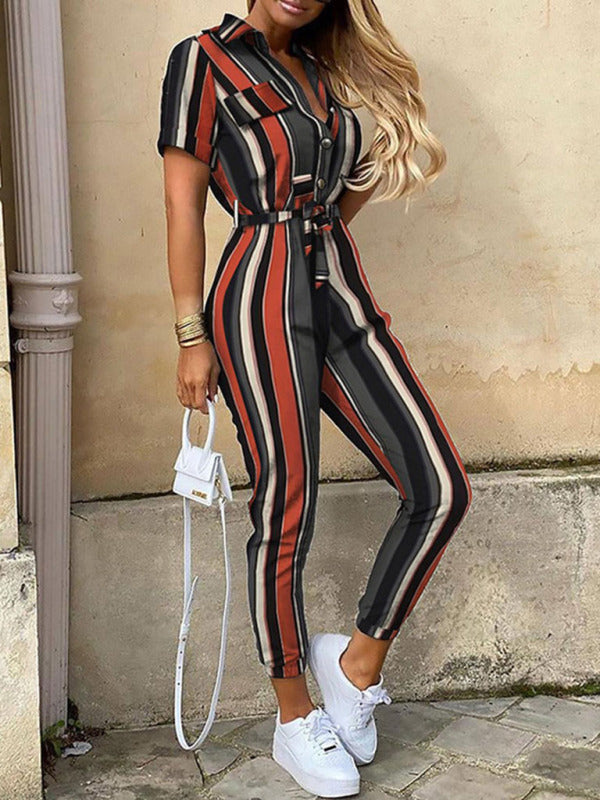 Women's Casual Lapel Buttoned Belt Cargo Jumpsuit - Healthier Me Beauty, LLC