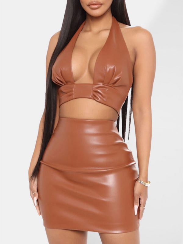 Women’s Solid Color Faux Leather Crop Halter Top With Matching Skirt