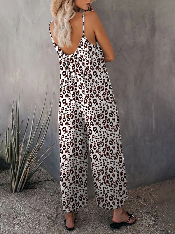 Women's Casual Sleeveless Leopard Print Pocket Loose Suspender Jumpsuit - Healthier Me Beauty, LLC