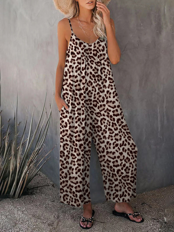 Women's Casual Sleeveless Leopard Print Pocket Loose Suspender Jumpsuit - Healthier Me Beauty, LLC