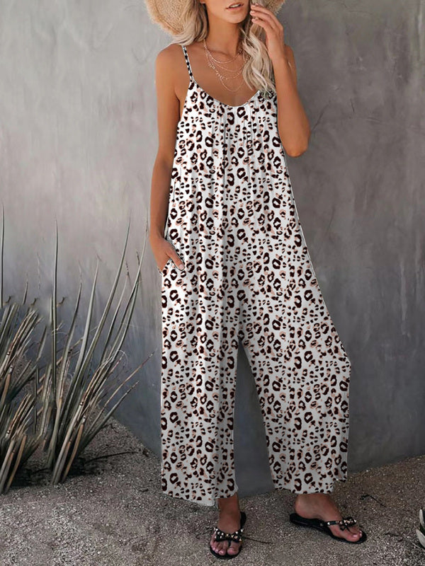 Women's Casual Sleeveless Leopard Print Pocket Loose Suspender Jumpsuit - Healthier Me Beauty, LLC
