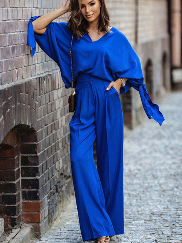 Women's solid color long-sleeved bat shirt high waist wide-leg pants two-piece set
