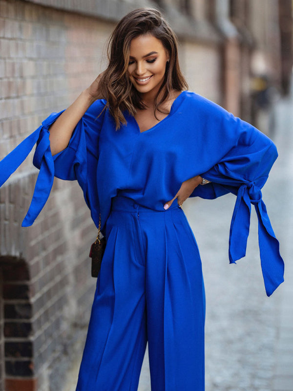 Women's solid color long-sleeved bat shirt high waist wide-leg pants two-piece set