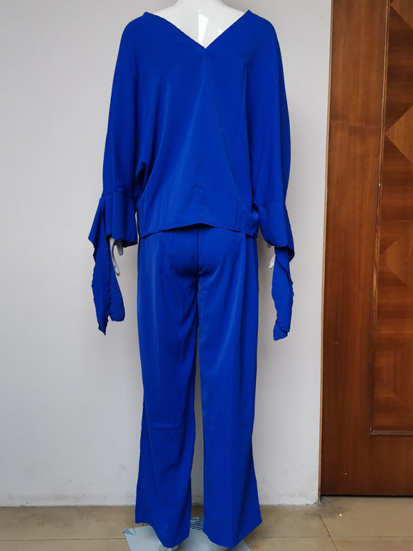 Women's solid color long-sleeved bat shirt high waist wide-leg pants two-piece set