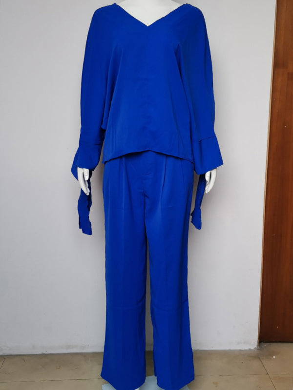 Women's solid color long-sleeved bat shirt high waist wide-leg pants two-piece set