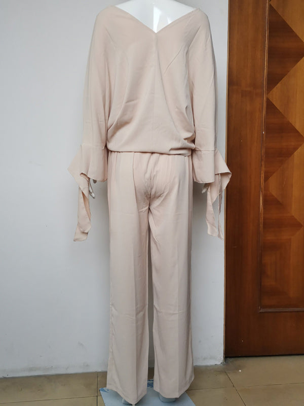 Women's solid color long-sleeved bat shirt high waist wide-leg pants two-piece set