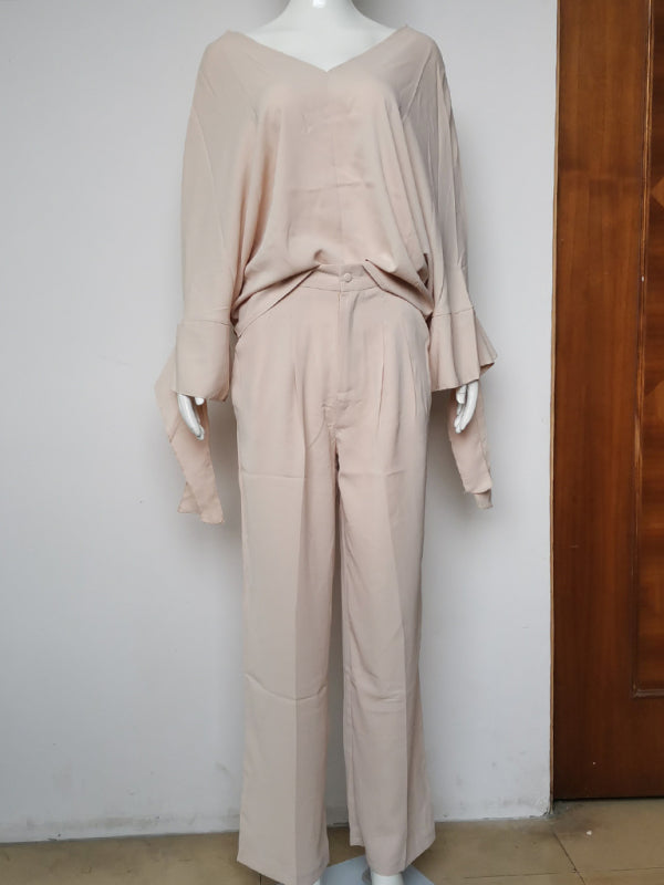Women's solid color long-sleeved bat shirt high waist wide-leg pants two-piece set