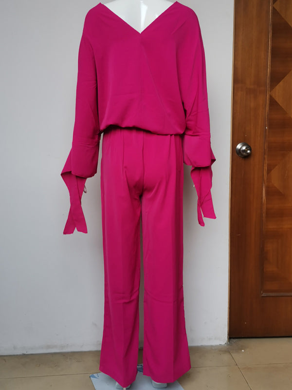 Women's solid color long-sleeved bat shirt high waist wide-leg pants two-piece set