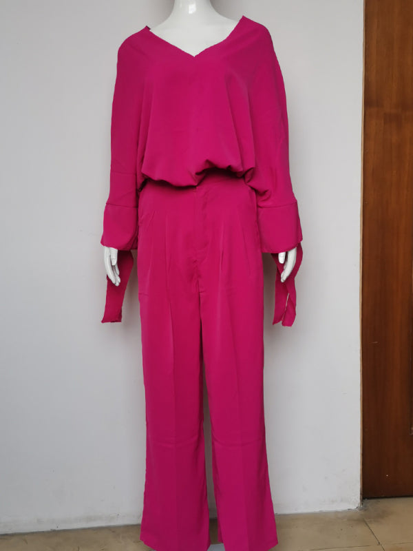 Women's solid color long-sleeved bat shirt high waist wide-leg pants two-piece set