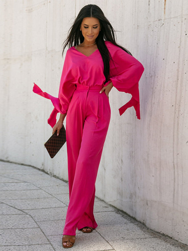 Women's solid color long-sleeved bat shirt high waist wide-leg pants two-piece set