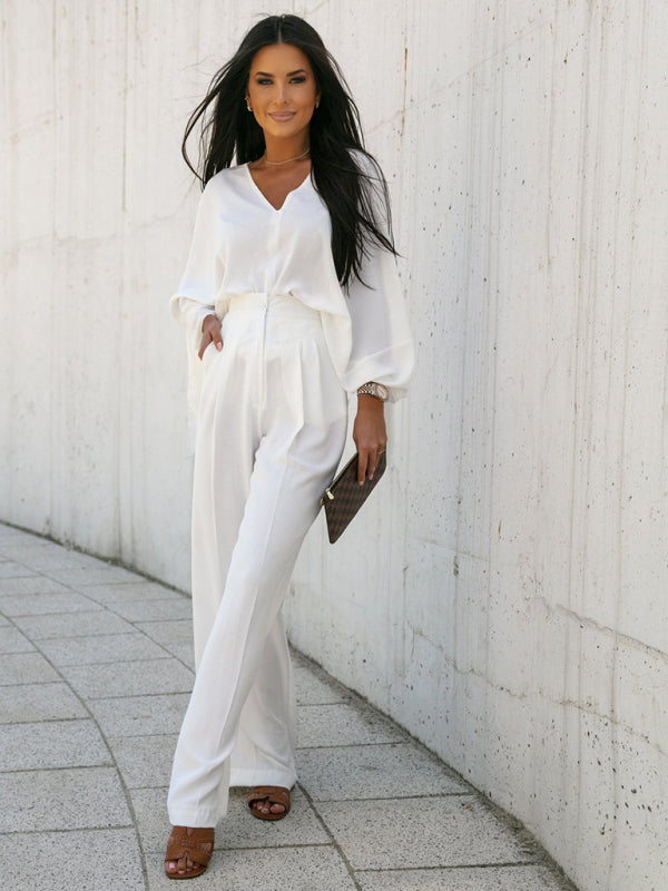 Women's solid color long-sleeved bat shirt high waist wide-leg pants two-piece set
