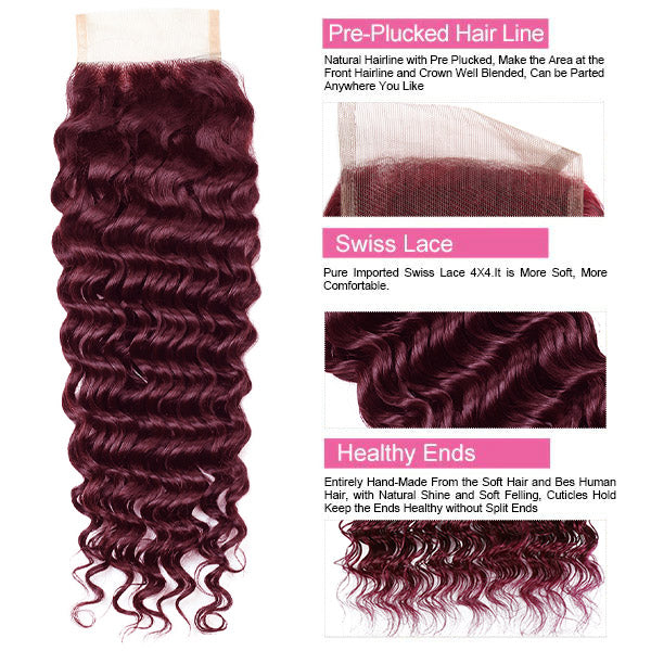 99J Deep Wave 3 Bundles With Closure Virgin Burgundy Human Hair Bundles With Closure - Healthier Me Beauty, LLC