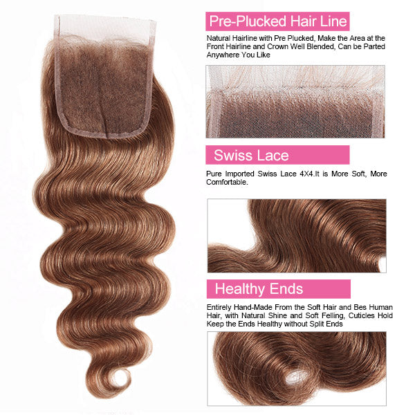 Brown Body Wave Bundles with Closure #4 Chocolate Brown 3 Bundles with 4x4 Lace Closure - Healthier Me Beauty, LLC