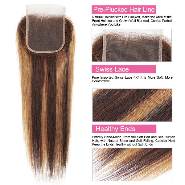 Highlight Hair Bundles with 4x4 Lace Closure Straight Human Hair 3 Bundles with Closure - Healthier Me Beauty, LLC