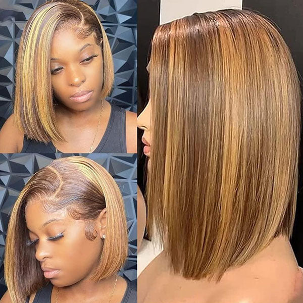 Straight Bob Wigs Highlight Brown Short Bob Wigs Glueless Human Hair Wigs P4/27 No Glue