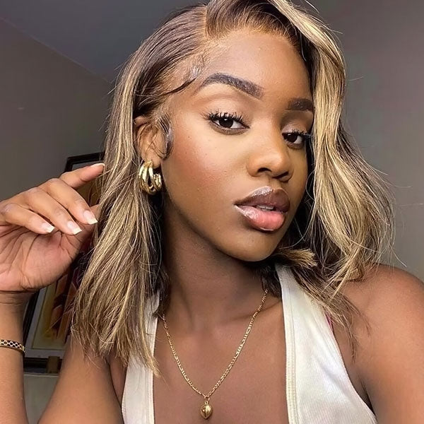 Straight Bob Wigs Highlight Brown Short Bob Wigs Glueless Human Hair Wigs P4/27 No Glue