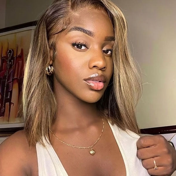 Straight Bob Wigs Highlight Brown Short Bob Wigs Glueless Human Hair Wigs P4/27 No Glue