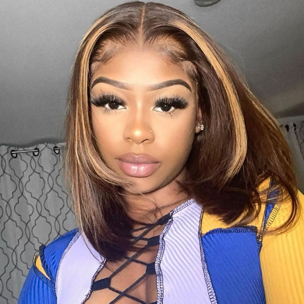 Straight Bob Wigs Highlight Brown Short Bob Wigs Glueless Human Hair Wigs P4/27 No Glue