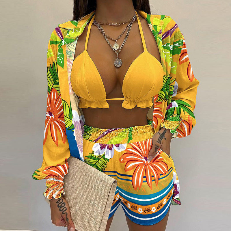 Women's Solid Color Long Sleeve Shirt And A Triangle Bikini And Shorts Three-Piece Set - Healthier Me Beauty, LLC