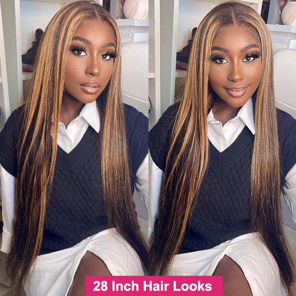 Peruvian Straight Hair Honey Blonde Highlights Hair Bundles with 13x4 Lace Frontal Closure Ear to Ear - Healthier Me Beauty, LLC