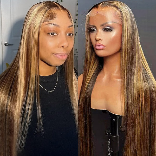Honey Blonde Highlight Wig 4x4 Lace Closure Wigs Straight Human Hair Balayage Wigs 5x5 Lace Wig - Healthier Me Beauty, LLC