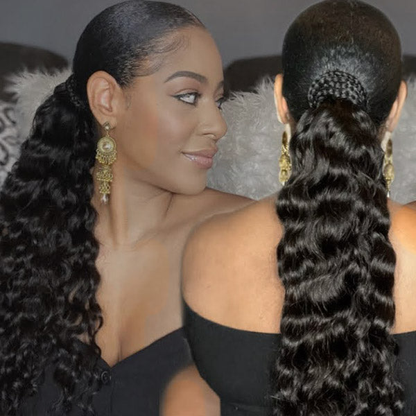 Wrap Around Ponytail Virgin Human Hair Water Wave Ponytail Extensions Clip In Hair Extensions - Healthier Me Beauty, LLC