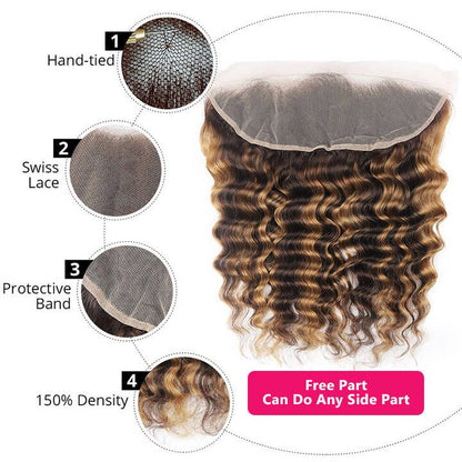 P4/27 Highlight Brown Honey Loose Deep Wave Hair 3 Bundles With 13x4 Lace Frontal Human Hair