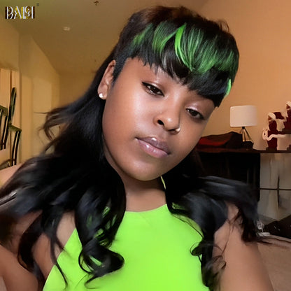 Green Highlight Mullet Glueless Wig