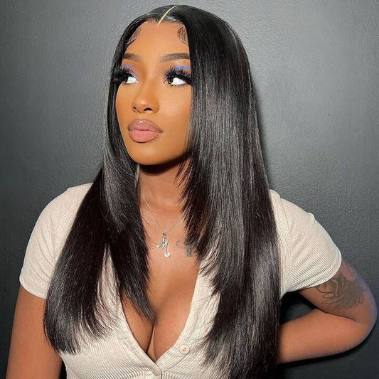 Inner Buckle Cute Straight 13x4 Lace Front Butterfly Haircut Wig With Medium Length Layered Hair