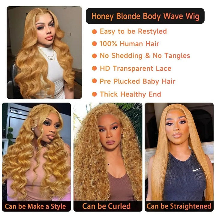Honey Blonde Body Wave 13x4 Lace Frontal Human Hair Wigs Pre Plucked With Baby Hair
