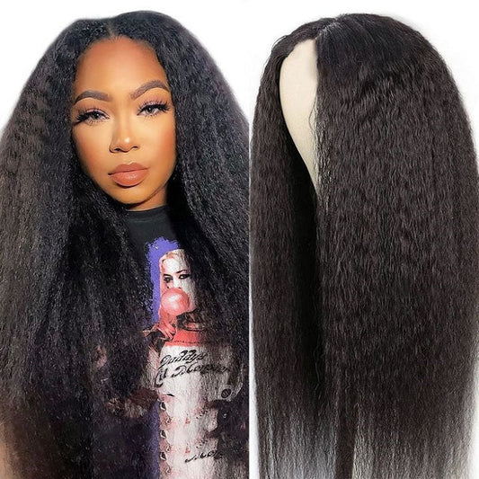 Thin V Part Wig Kinky Straight Natural Scalp Human Hair Wig Without Leave Out