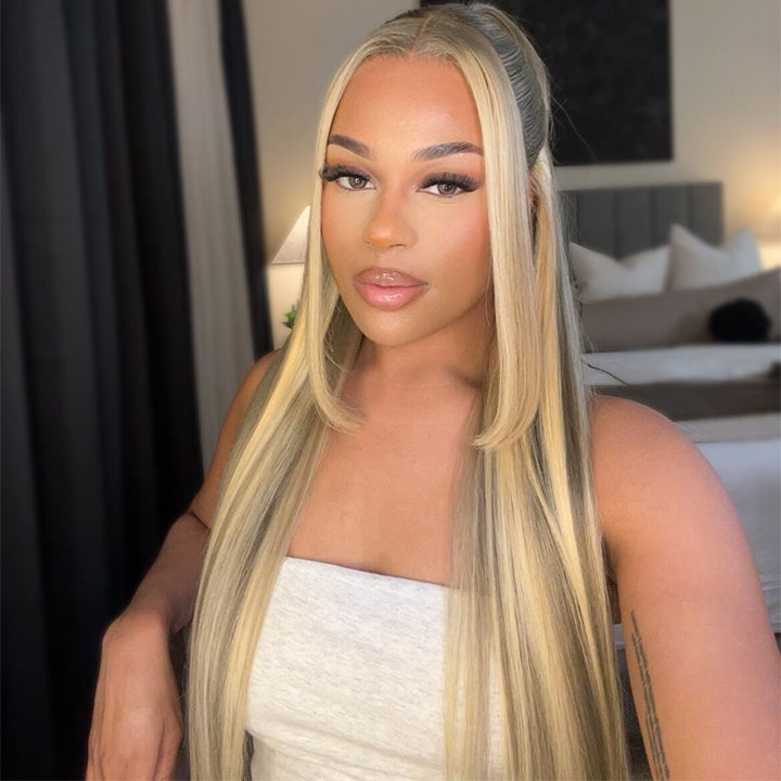 $189.99=18" Highlight Ombre Gloden Blonde Brown Straight 13x4 Lace Front Wig Flash Deal